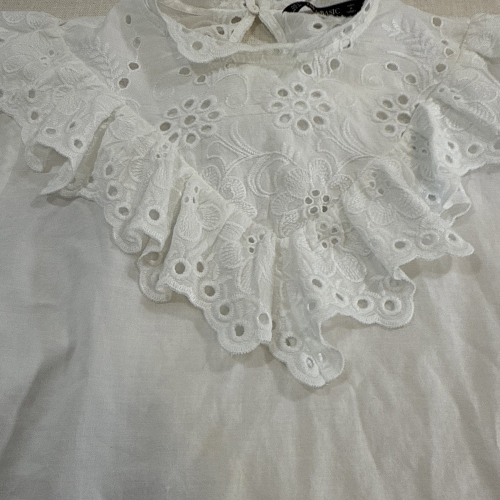 Zara Basic Eyelet Lace Blouse Womens L White Victorian Ruffle Boho Cottagecore - Picture 5 of 11